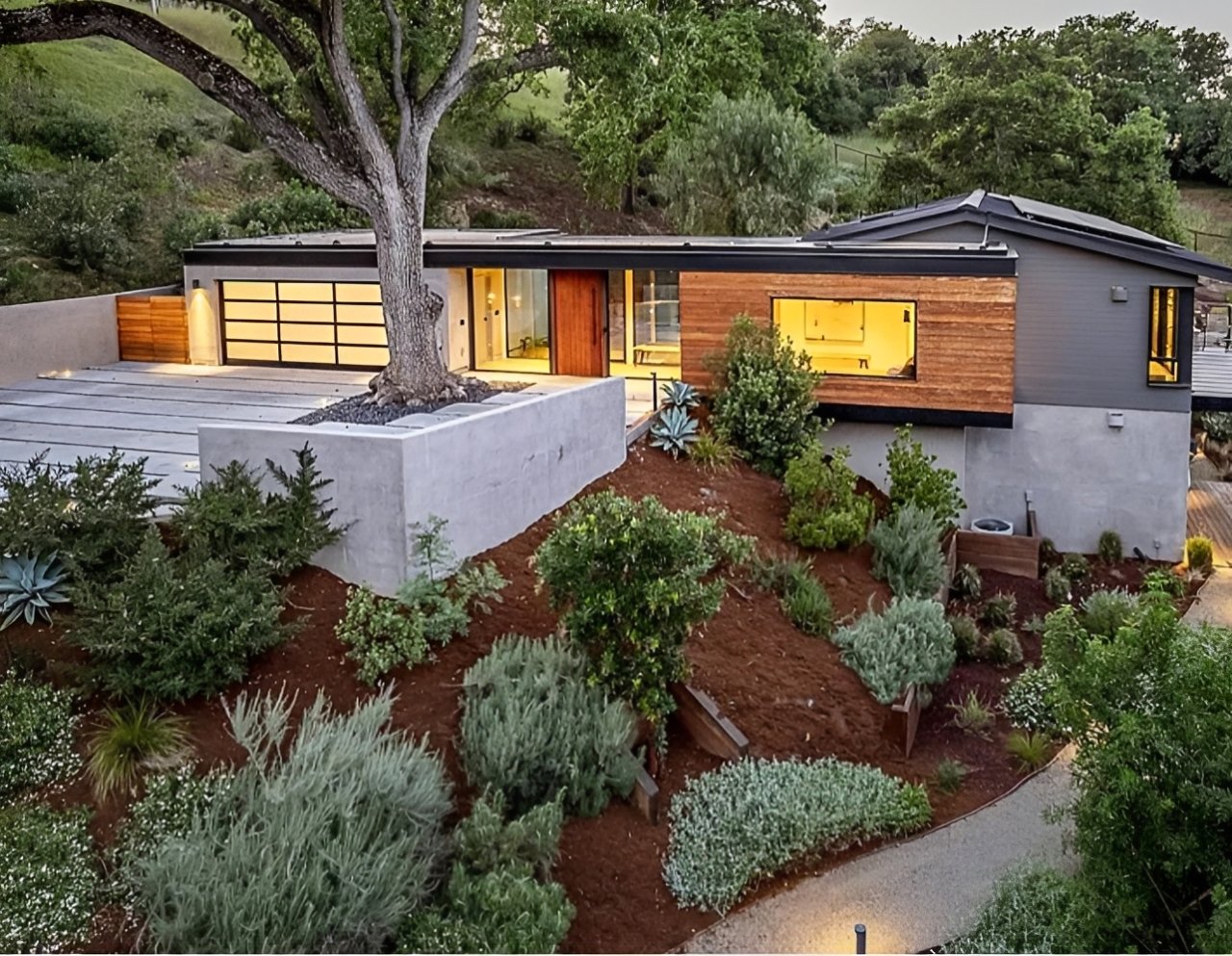 Modern hillside home at dusk with wood siding and native landscaping